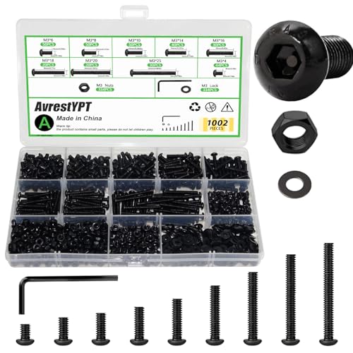 1002Pcs M3 Metric Hex Button Head Fastener Kit, Screws, Nuts & Flat Washers | M3 screws in sizes M3x4,6,8,10,14,16,18,20,25mm fit 3D printer mods, bed frames, furniture assembly, automotive & DIY repairs - size: M3x4/6/8/10/14/16/18/20/25-1002Pcs