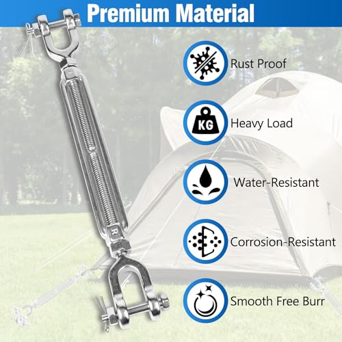 4 PCS M10 Turnbuckle 3/8" 304 Stainless Steel Jaw and Jaw Turnbuckle Tensioner, Heavy Duty Cable Tensioner, 2860 LBS Working Load Limit, Adjustable Turnbuckles for Cables Wire, Clothesline, Shade Sail - size: 3/8"-4 Pack