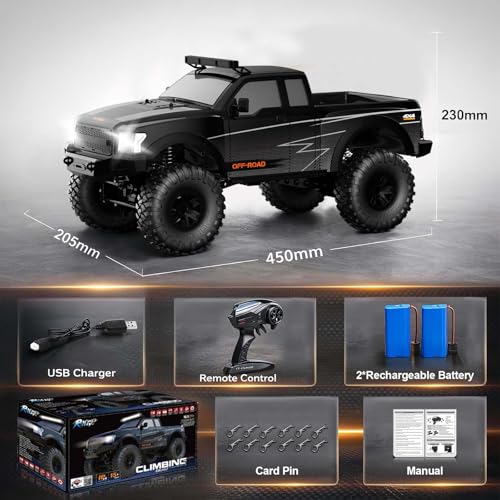 RC Cars RC Crawler 1/10 Scale RTR Remote Control Car 4WD 2.4GHz Brushed Offroad Racing Hobby Grade Model Vehicle with LED Lights 2Pcs Battery Toy for Kids and Adults - color: E-black
