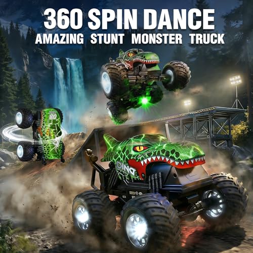 BEZGAR 1:20 Monster Truck Toys, 360°Stunt RC Cars with Music and Light | Green Dinosaur Toys with 2 Batteries and Wireless LED Strobe Lights, Remote Control Car with Glowing wheels for boys - color: Green