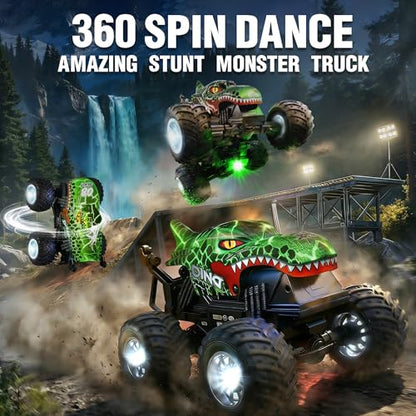 BEZGAR 1:20 Monster Truck Toys, 360°Stunt RC Cars with Music and Light | Green Dinosaur Toys with 2 Batteries and Wireless LED Strobe Lights, Remote Control Car with Glowing wheels for boys - color: Green