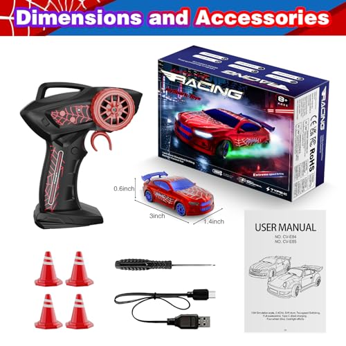 Mini RC Car 1:64 Scale, Remote Control Desktop Car for Kids & Adults | 2.4GHz Spider RC Drift Car with LED Lights & 2 Speeds, Includes 4 Obstacles, Hobby Gift for Boys, Red - color: Red