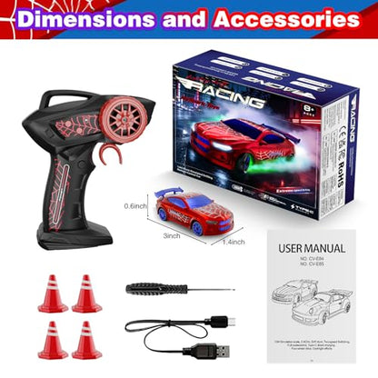 Mini RC Car 1:64 Scale, Remote Control Desktop Car for Kids & Adults | 2.4GHz Spider RC Drift Car with LED Lights & 2 Speeds, Includes 4 Obstacles, Hobby Gift for Boys, Red - color: Red
