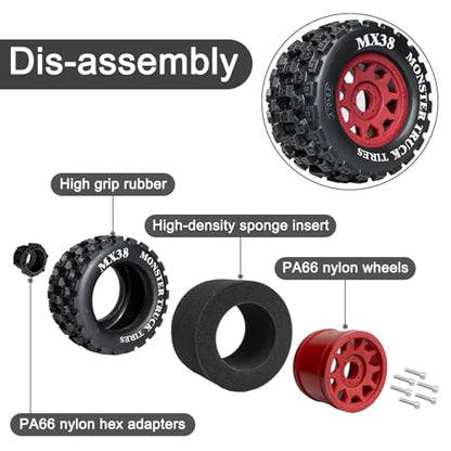 LRFHL MX38 F/R 3.8" RC Tires and Wheels with 17mm Hex Adapter, 4PCS, Red | 1/7 1/8 RC Monster Truck Tires, for Arrma Notorious Outcast Kraton 6S Traxxas E-Revo RC Car Upgrade - color: Black Tires+ Red Wheels