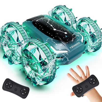 Tecnock Amphibious Remote Control Car Boat, 4WD Gesture RC Cars with Magnetic Charging, 60 Min Playtime, LED Lights, Pool Toys for Kids Ages 6-12, Gift Toys for Boys Girls - color: Green