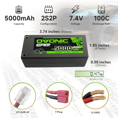 OVONIC 2S Shorty Lipo Battery 100C 5000mAh 7.4V Lipo Battery with 4mm Bullet Dean-Style T Connector for 1/8 1/10 RC Car Truck Boat Vehicles [3.74" D x 1.81" W x 0.98" H ]