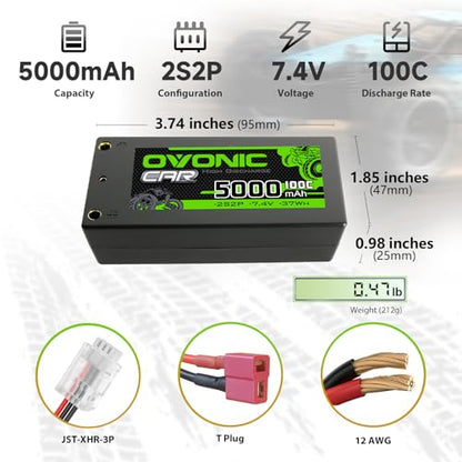 OVONIC 2S Shorty Lipo Battery 100C 5000mAh 7.4V Lipo Battery with 4mm Bullet Dean-Style T Connector for 1/8 1/10 RC Car Truck Boat Vehicles [3.74" D x 1.81" W x 0.98" H ]