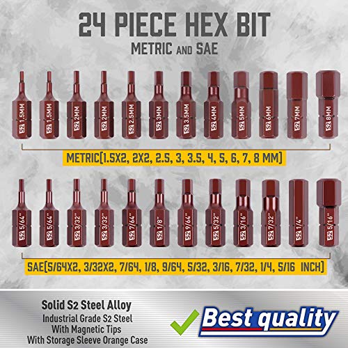 Amartisan 20-Piece Hex Head Allen Wrench Drill Bit Set, Metric and SAE S2 Steel Hex Bits Set, Magnetic Tips, 2.3" Long With Storage box. (24-Piece Hex Head Allen（25mm）) - style: 24-Piece Hex Head Allen（25mm）