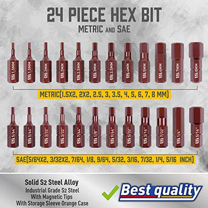 Amartisan 20-Piece Hex Head Allen Wrench Drill Bit Set, Metric and SAE S2 Steel Hex Bits Set, Magnetic Tips, 2.3" Long With Storage box. (24-Piece Hex Head Allen（25mm）) - style: 24-Piece Hex Head Allen（25mm）