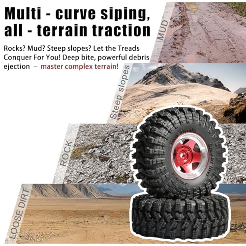 1.3” RC Beadlock Wheel Tires Set 70 * 26mm for 1/18 1/24 SCX24 TRX4M, Red | Aluminum Wheel Rims Super Large Soft Mud Terrain Rubber Off-Road Tires for 1/18 1/24 Micro Crawler Car SCX24 TRX4M Upgrade - color: Red