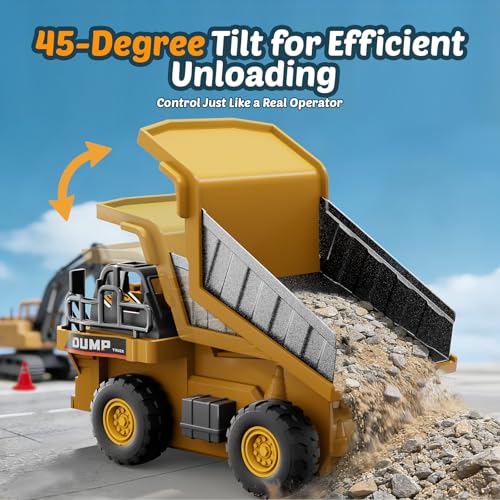 Mini RC Excavator and Dump Truck 1:64 Scale for Kids Adults | Desktop Alloy Remote Control Construction Vehicles with Lights, Sound, Variable Speed, Includes Traffic Signs and Play Mat