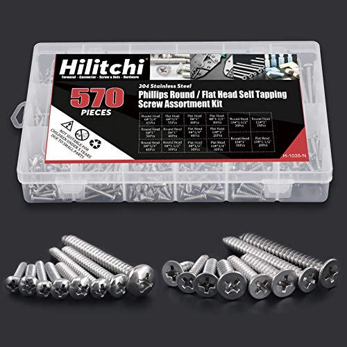 Hilitchi 570 Piece M 3 4 5 6 Stainless Steel Phillips Round Flat Head Self Tapping Screw Assortment Kit - color: silver - 570pcs