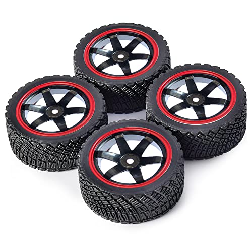 4PCS 65mm RC Rally Car Rubber Tires and 6-Spokes Wheel Rims 12mm Hex Compatible with 1/10 RC On-Road Rally Racing Car HSP Tamiya Sakura HPI WR8 HSP TT02 WLtoys (Black/Red) - color: Black/Red