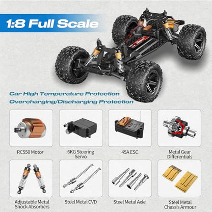 1:8 Scale RC Monster Truck, 50KM/H High Speed Off Road Racing Car | 2.4GHz Remote Control Climbing Vehicle with LED Lights, Dual 2600mAh Rechargeable Batteries, All Terrain Drift Truck