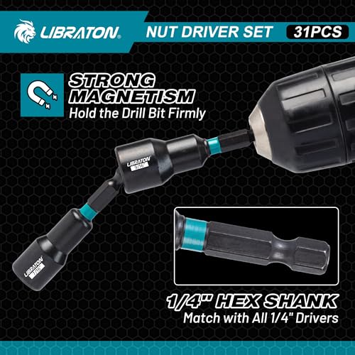 LIBRATON 31PCS Magnetic Nut Driver Set, 1/4" Impact Drill Driver Bit Set | Long Nut Drivers 6INCH, Metric & SAE Nut Drivers for Impact Drill, Socket Set, Impact to Hex Converter, PH1, PH2, Storage Box - style: 31PCS