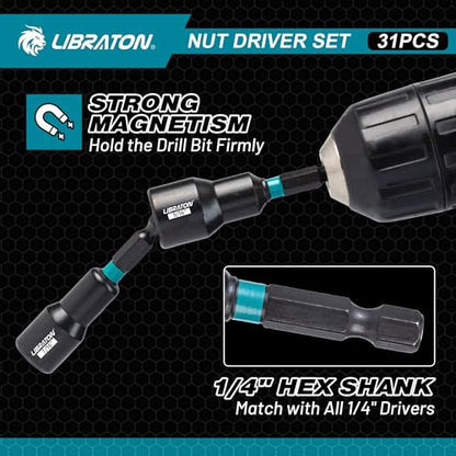 LIBRATON 31PCS Magnetic Nut Driver Set, 1/4" Impact Drill Driver Bit Set | Long Nut Drivers 6INCH, Metric & SAE Nut Drivers for Impact Drill, Socket Set, Impact to Hex Converter, PH1, PH2, Storage Box - style: 31PCS