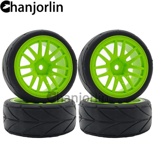 RC 1/10 On Road Touring Tires & Wheels 12mm Hex Hard Plastic Rims OD 65mm Street Racing Tyre for 1:10 1/12 Rally Drift Car Tamiya TT01 TT02 Traxxas XV02 XV01 HPI KYOSHO PTG2 4PCS (Green) - color: Green