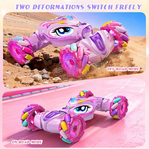 Unicorn Remote Control Car for Girls Age 6-8-12, Pink RC Gesture Sensing Stunt Cars, 2.4Ghz 4WD RC Cars Hand Controlled Remote Control Twist Car with Light & Music, Gift for Kids Age 6 7 8 9 10 11 12+