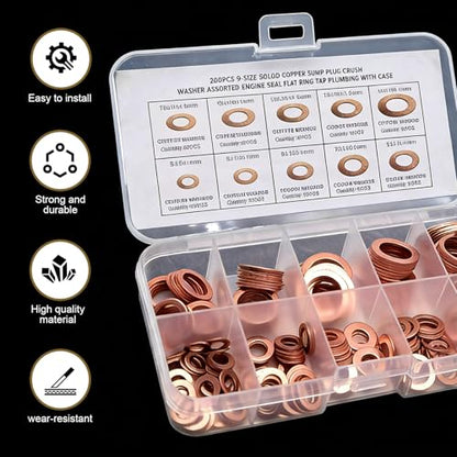 200 PCS Assorted Sizes Copper Washer Kit, Solid Metric Crush Washers for Oil Drain Plug & Banjo Bolt Seal, Universal Gasket Set for Cars, Trucks, Motorcycles, ATVs