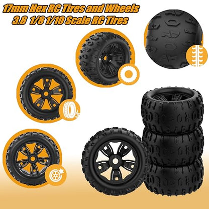 17mm Hex RC Wheels and Tires 4PCS RC Truck Buggy 3.8 Tires Wheels for 1/8 1/10 Scale Arrma Kraton Notorious Outcast Typhon 6S 4S 3S Traxxas Maxx T Maxx Sledge Revo 3.3 Tires Wheels Preglued