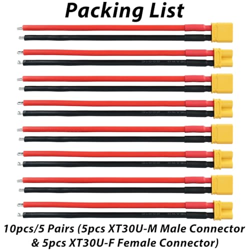 XT30 Connector Plug Cable - 5 Pairs Female and Male XT30U Extension Cables with 16AWG 100mm Silicon Wire Cables for RC Lipo Battery Connectors Drone Car Boat (XT30 Connector 16AWG 100mm) - style: XT30 Connector 16AWG 100mm