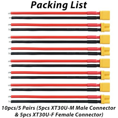 XT30 Connector Plug Cable - 5 Pairs Female and Male XT30U Extension Cables with 16AWG 100mm Silicon Wire Cables for RC Lipo Battery Connectors Drone Car Boat (XT30 Connector 16AWG 100mm) - style: XT30 Connector 16AWG 100mm