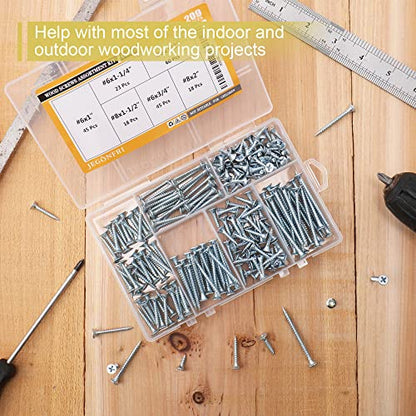 JEGONFRI 209PCS Wood Screw Assortment Kit, 6 Sizes Flat Head Phillips | Great for Home Improvement, Sturdy Steel, Rustproof, Handy Storage Case, Sizes: 2",1-1/2",1-1/4",1",3/4",1/2" - style: 209 Screws