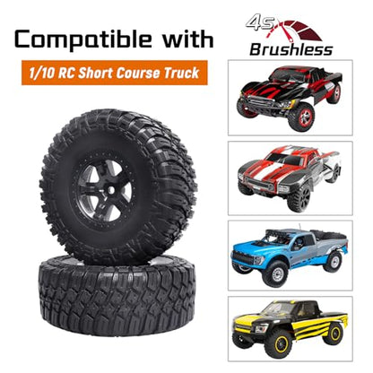 4.72 inches 120mm RC Short Course Tires and Wheels 12mm Hex for 1/10 Traxxas Slash 2WD Slash 4x4 Losi SCT Redcat Blackout SC, Set of 4 (Type 2)