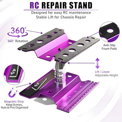 RC Car Repair Stand, Aluminum Workstation, 360° Rotating, Height Adjustable | Secure foam cradle, Magnetic fastener strip, shock service port, ruler grid, smooth turning, fit 1/8 1/10 1/12 Rc car - color: Lift Lower Purple