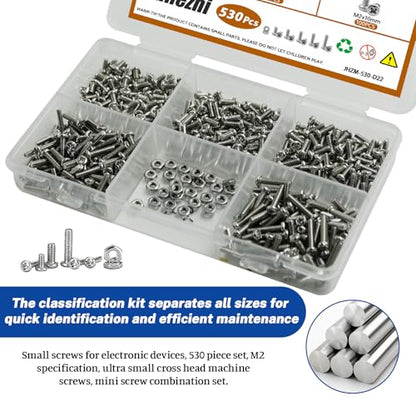 530Pcs M2 304 Stainless Steel Metric Micro Screws Nuts Assortment | M2x4/5/6/8/10mm Sizes, Phillips Pan Head, Fully Threaded Kit for Arduino, RC Models, Electronics, DIY Projects - size: M2x4/5/6/8/10- 530 Pcs