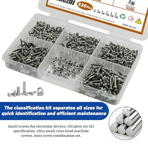 530Pcs M2 304 Stainless Steel Metric Micro Screws Nuts Assortment | M2x4/5/6/8/10mm Sizes, Phillips Pan Head, Fully Threaded Kit for Arduino, RC Models, Electronics, DIY Projects - size: M2x4/5/6/8/10- 530 Pcs