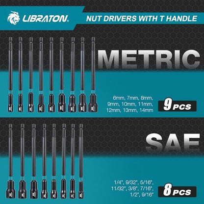 LIBRATON 27PCS Magnetic Nut Driver Set, Ratcheting T Handle, Metric&SAE | Nut Driver Set for Impact Drill, Long Socket Set, Drill Bits, Socket Adapters, Wing Nut Driver, Magnetic Holder, Storage Case - style: 27PCS With Handle