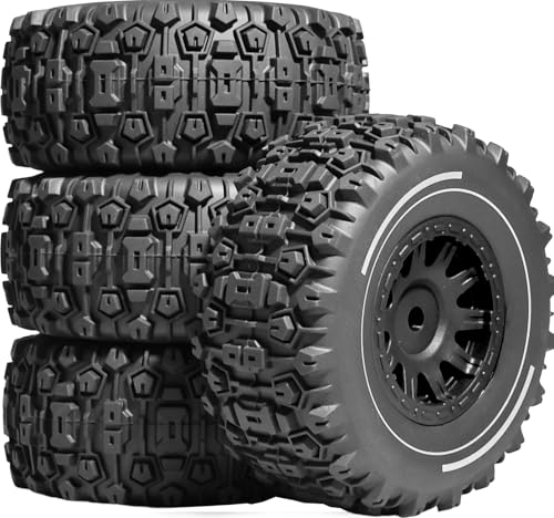 Pre-glued 64mm Wheels &Tires with 12mm Hex for 1/14 Truck, Black | Rubber Tire and Nylon Rim for ARRMA Mojave GROM, HPI, Traxxas Slash, Tamiya, Toyota, WLtoy 1/14 1/16 1/18 RC On/Off-Road Car - color: Black