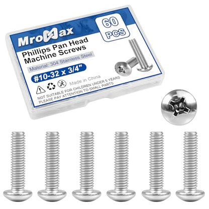 60Pcs #10-32 x 3/4" Phillips Pan Head Machine Screws, UNF Fully Threaded | 18-8 (304) Stainless Steel, Bright Finish, Ideal for Electronics, Appliances, Automotive and General Assembly - size: #10-32 x 3/4"