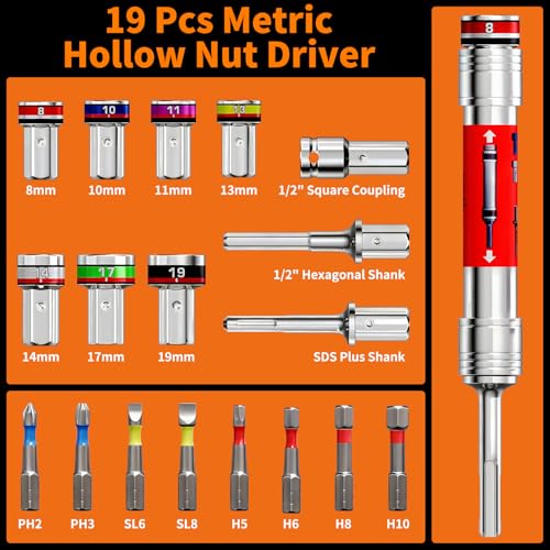 Power Nut Driver Set 19PCS 5-Inch Extended Reach Hollow Nut Driver Shaft | 8-19 mm Metric, 7 Nut Drivers & 8 Screwdriver, 3-in-1 Adapters for Impact Drill Wrench Hammer
