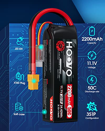 HOOVO 3S 11.1V 2200mAh 50C Lipo Battery with XT60 Connector 2 Pack | for RC Helicopter Airplane Quadcopter UAV Drone FPV