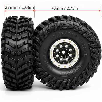 HOBBYSOUL 70mm Tall 1.0 Beadlock Wheels and Tires Set, Adjustable Offset Brass 1.0'' Wheels Rims White Black and Soft Sticky 1'' Tires for RC Crawler TRX4M SCX24 Upgrades - color: White & Black