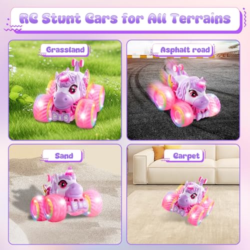 Remote Control Car Unicorn Monster Trucks for Girls 360° Rotating 4WD Stunt RC Cars with LED Lights and Music, 2.4GHz Toy Various Terrain Pink RC Cars Birthday Gifts for Kids Girl Age 3-12 (Large) - style: Large