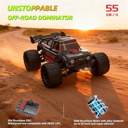 Brushless RC Cars, 1/14 RC Truck, 55km/h High Speed Remote Control Truck | 4X4 Off-Road, IPX4 Waterproof, 2.4GHz Transmitter, 2S/3S LiPo Compatible, Two Batteries 2000mAh