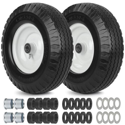 4.10/3.50-6 Flat Free Tire and Wheel, 12" Solid Wheel, 3"-3.5''-4.5'' Centered Hub, and 3/4" & 5/8" Bearings, Replacement for Lawnmower, Wheelbarrow, All Purpose Utility Tire on Wheel