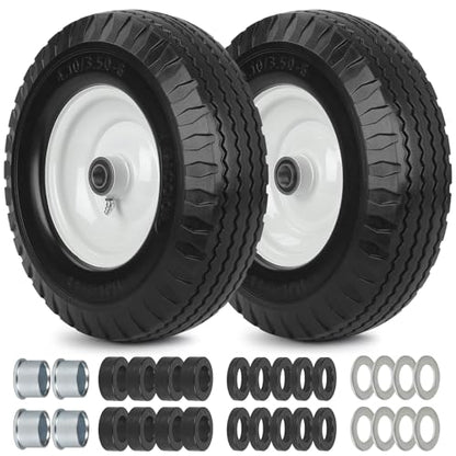 4.10/3.50-6 Flat Free Tire and Wheel, 12" Solid Wheel, 3"-3.5''-4.5'' Centered Hub, and 3/4" & 5/8" Bearings, Replacement for Lawnmower, Wheelbarrow, All Purpose Utility Tire on Wheel