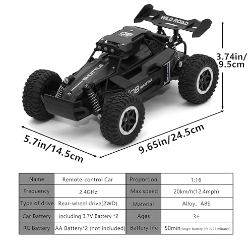 Remote Control Car RC Cars 1:16 All Terrain Monster Truck LED Headlights, Outdoor 2WD Off Road Hobby RC 2.4GHz High Speed, 20Km/h RC Car Toys Gift for Kids Boys 3 4 5-12 (Black) - color: Black