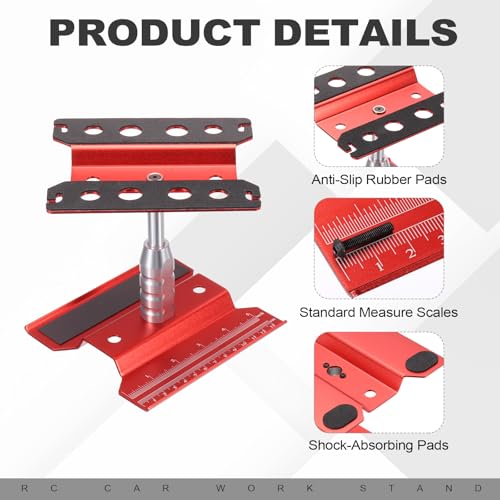 MECCANIXITY 1 Set RC Car Work Stand Lift Lower Aluminum Repair Workstation 360 Degree Rotation for 1/8 1/10 1/16 Scale RC Car Crawler Truck Vehicle (Red)