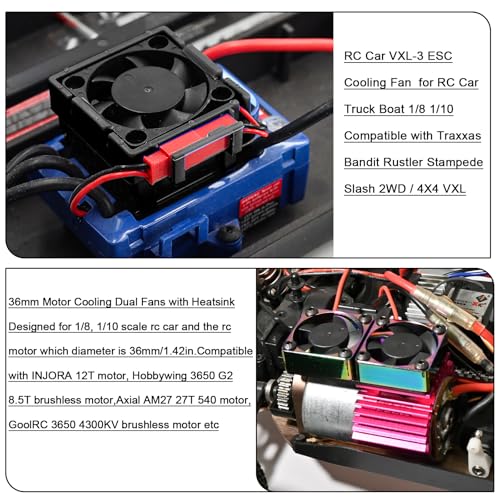 VXL-3s ESC Cooling Fan and Motor Cooling Fan 28000 RPM Dual Fan Set for 1/10 Traxxas Slash 4x4 Stampede 4x4 Rustler 4x4 VXL Hoss 4×4 Velineon VXL 3s Heat Sink Replace #3340, Purple & Black - style: SRQ-Purple Black