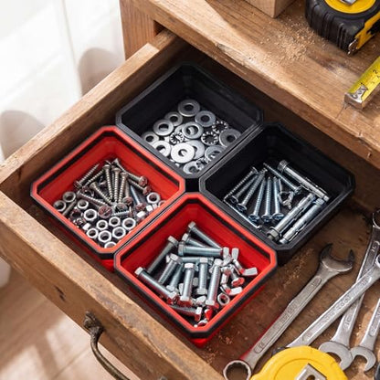 Huwena 8 Pcs Collapsible Magnetic Parts Tray Set Foldable Tool Trays Square Double-sided Magnetic Parts Bowl for Screw Bolts Nuts Washers Pins Mechanic Tool Gifts for Men (Red and Black) - color: Red and Black