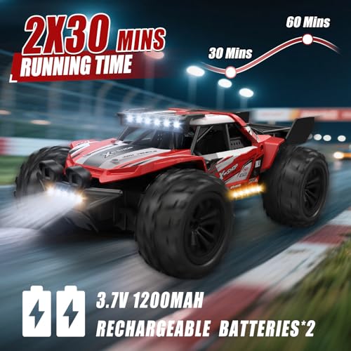 Remote Control Car, 4WD High Speed 30+KPH RC Cars for Boys Age 8-12, 2.4GHz RC Monster Truck Toys, 1:18 RC Truck with 2 Rechargeable Batteries & LED Lights, Birthday Gifts for Adults Kids
