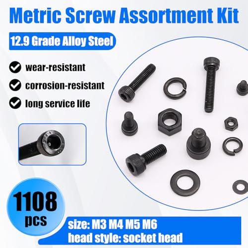 1108PCS Metric Screw Assortment Kit, M3 M4 M5 M6 Metric Bolts and Nuts Kit with with Lock & Flat Washers, 12.9 Grade Alloy Steel Hex Socket Head Cap Screws for 3D Printing - size: M3 M4 M5 M6, style: Socket Head