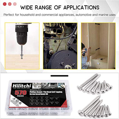 Hilitchi 570 Piece M 3 4 5 6 Stainless Steel Phillips Round Flat Head Self Tapping Screw Assortment Kit - color: silver - 570pcs