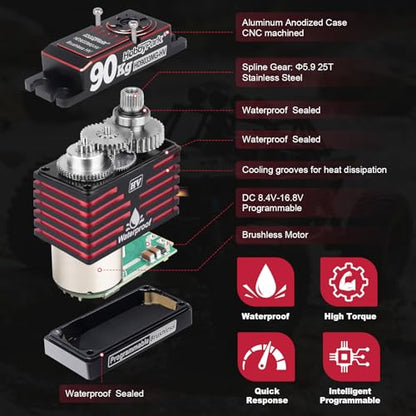 HobbyPark Direct Powered Waterproof High Torque RC Steering Servo 90kg High Speed Standard Servo Brushless Motor HV 8.4-16.8V All Metal Gears 180° Programmable for RC Crawlers Trucks Cars Buggy