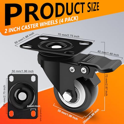 2 Inch Plate Caster Set of 4, PU Swivel Wheel with Dual Brakes - Black | Smooth 360° rotation,dual locking brake,silent PU wheels - color: Black, size: 2 IN